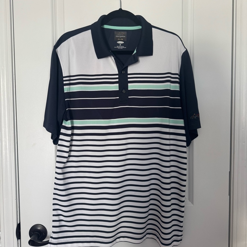 Greg Norman Golf Navy and White Striped Medium Polo Shirt